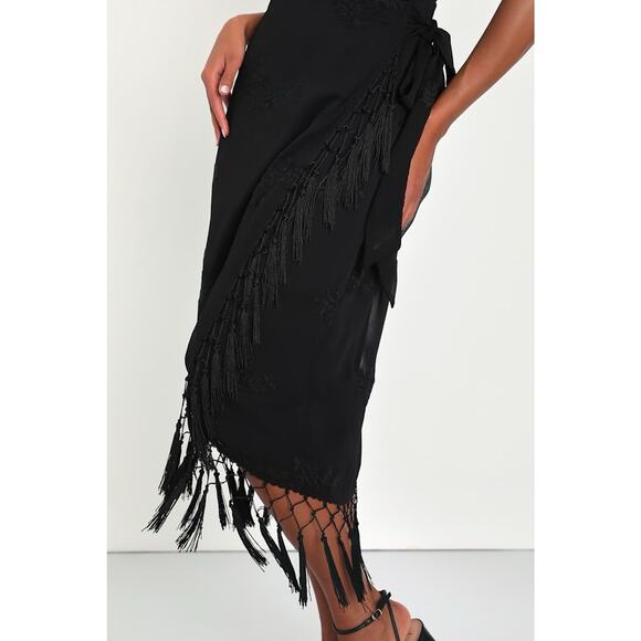 NWT Lulus Womens Fun Affair Wrap Dress Fringe Trim Embroidered Boho Black Size S - Picture 3 of 14